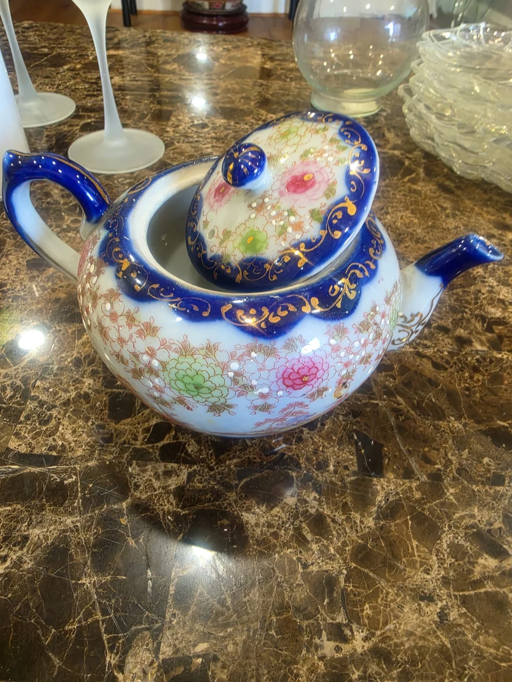 Source Unknown Blue and Multicolor Porcelain Decorative Teapot